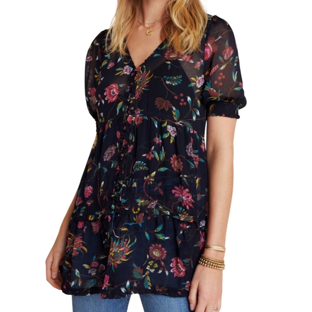 R2 Anthropologie Floral Blouse XS Sheer Peasant‎ Top V Neck Nuuly